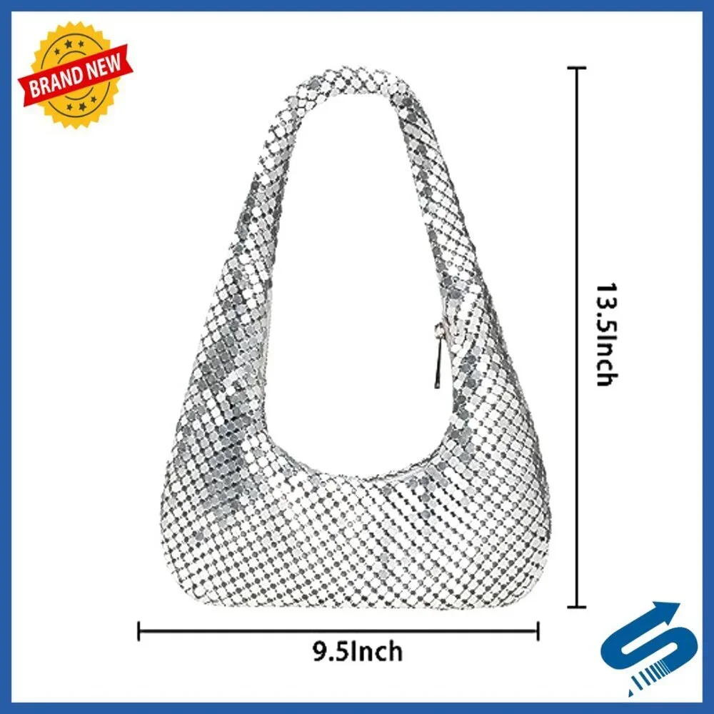 Metallic Evening Hobo Bag Shiny Moon Shape Shoulder Purse Chic Party